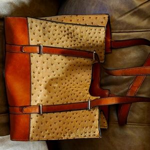 Ostrich Cream and Tan Handbag